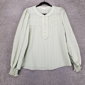 Mine Shirt Womens Large Green Plaid 1/4 Button Lace Trim Puff Sleeve Blouse